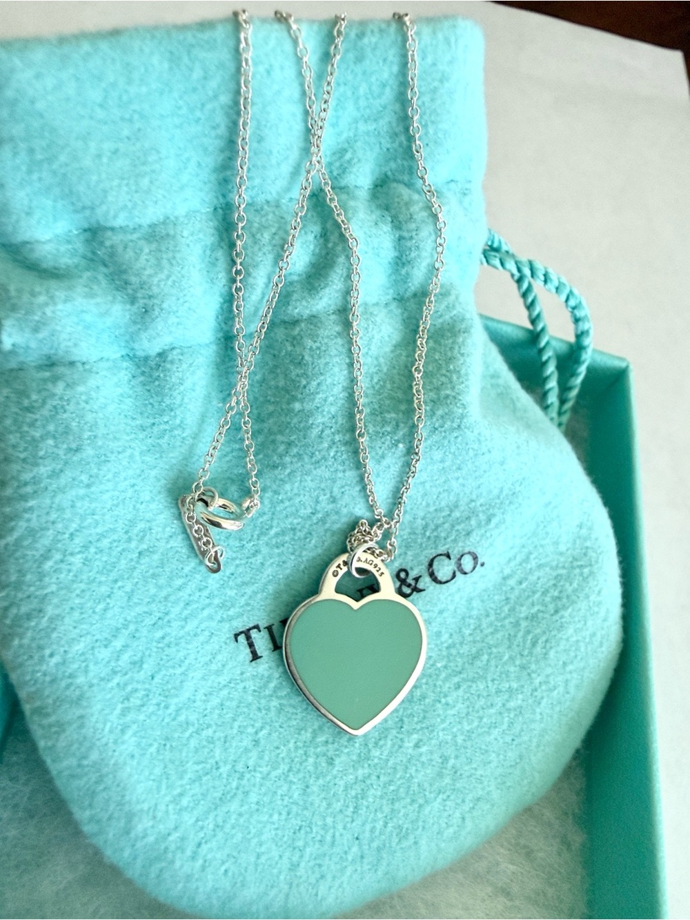 T&Co. Return To Tiffany Small Heart Tag Necklace Pendant Blue Enamel - 18”
